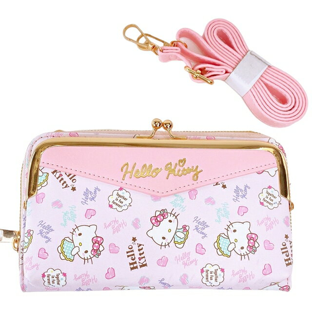 小禮堂 Hello Kitty 皮質雙層長夾附背帶 (粉滿版款)