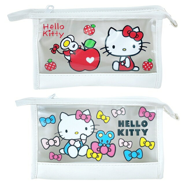小禮堂 Hello Kitty 皮質三角透明化妝包 白 (2款隨機)
