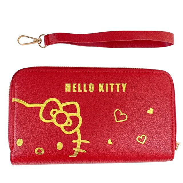 小禮堂 Hello Kitty 皮質雙層拉鍊長夾附腕繩 (紅燙金大臉款)