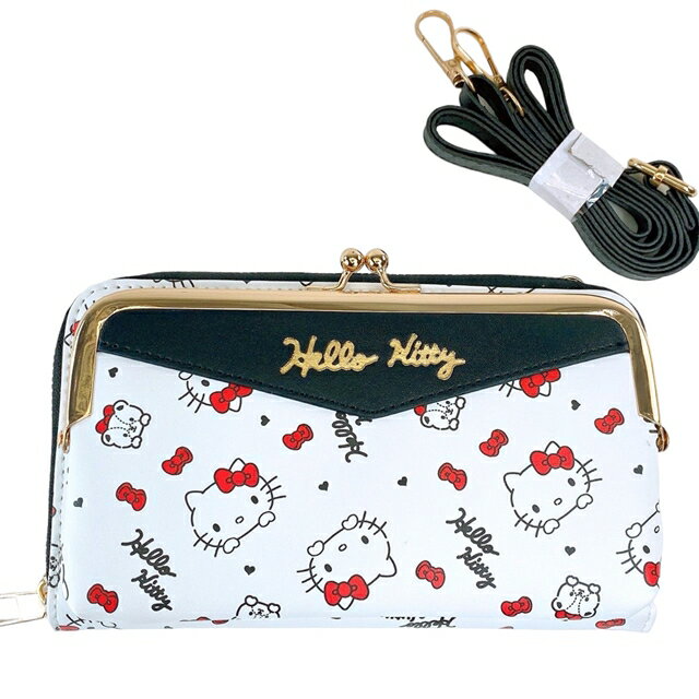 小禮堂 Hello Kitty 皮質雙層長夾附背帶 (白滿版款)