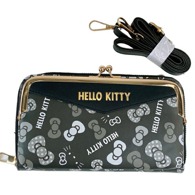 小禮堂 Hello Kitty 皮質雙層長夾附背帶 (黑滿版款)