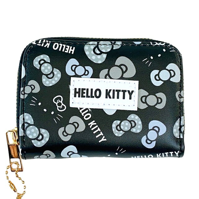 小禮堂 Hello Kitty 皮質拉鍊卡包 (黑蝴蝶結滿版款)