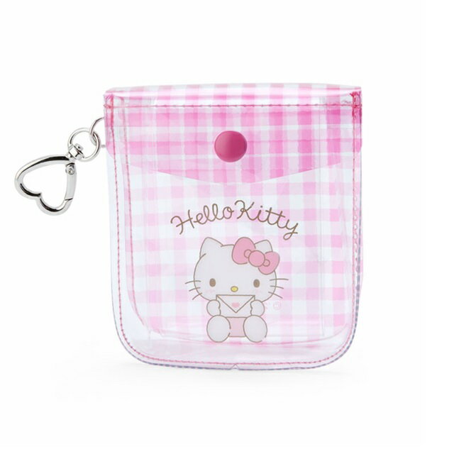 小禮堂 Hello Kitty 透明扣式零錢包附愛心扣環 (粉格紋款)