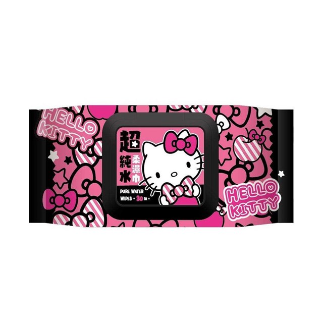 小禮堂 Hello Kitty 30抽附蓋超純水濕紙巾 (粉黑蝴蝶結滿版款)