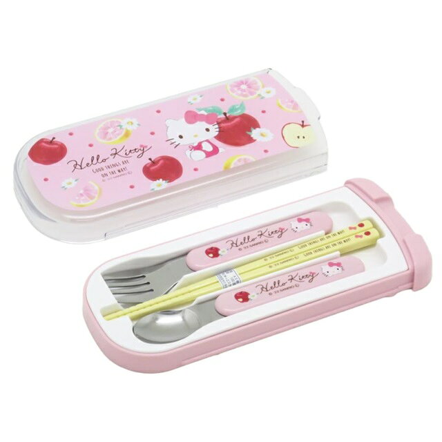 小禮堂 Hello Kitty 滑蓋三件式餐具組 Ag+ (粉蘋果款)