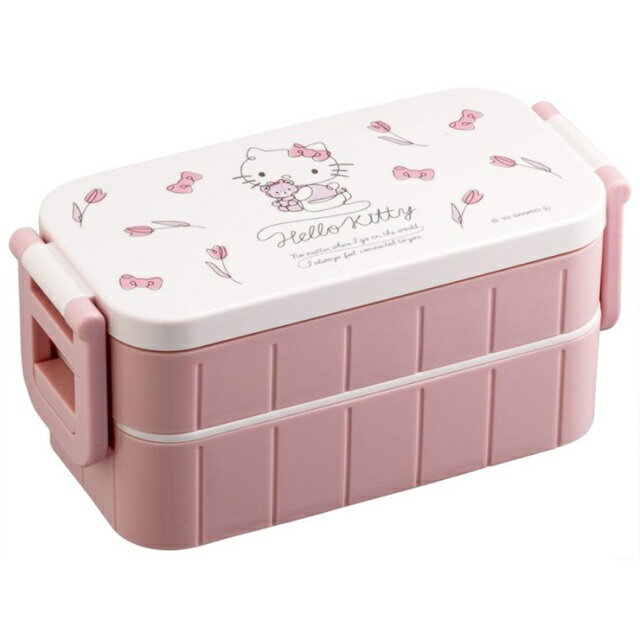 小禮堂 Hello Kitty 塑膠四扣雙層便當盒 Ag+ (粉鬱金香款)