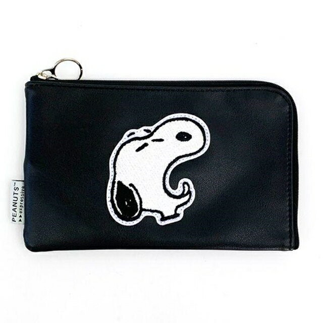 小禮堂 Snoopy 皮質扁平L型拉鍊收納包 (黑打呵欠款)