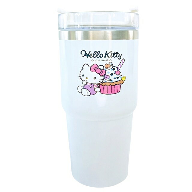 小禮堂 Hello Kitty 不鏽鋼飲料杯附吸管 600ml (白杯子蛋糕款)