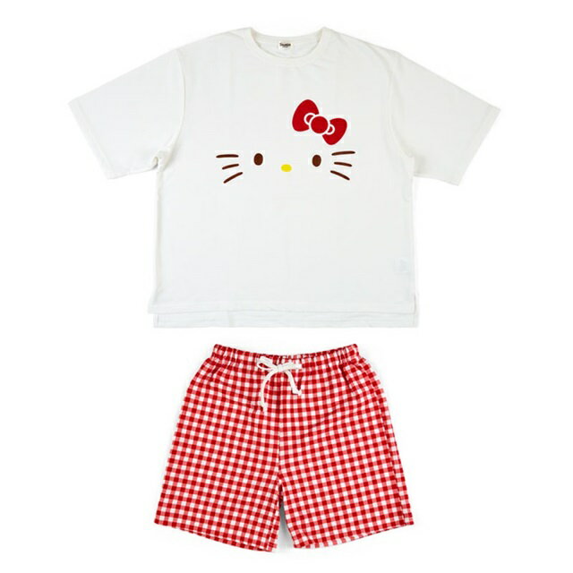 小禮堂 Hello Kitty 棉質短袖短褲居家套裝 (大臉格紋款)
