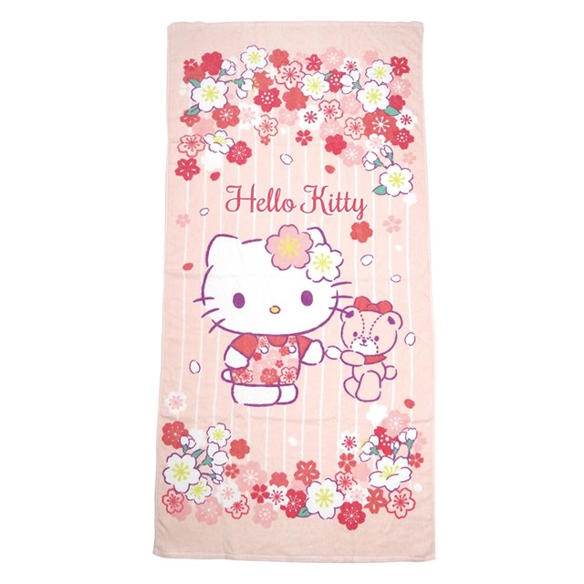 小禮堂 Hello Kitty 棉質浴巾 70x140cm (粉橘櫻花款)