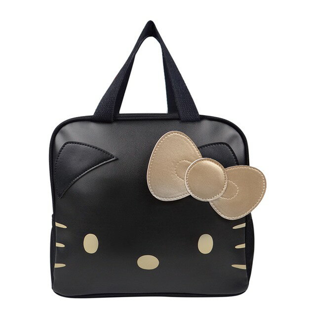 小禮堂 Hello Kitty 尼龍方形手提保冷便當袋 (黑大臉款)