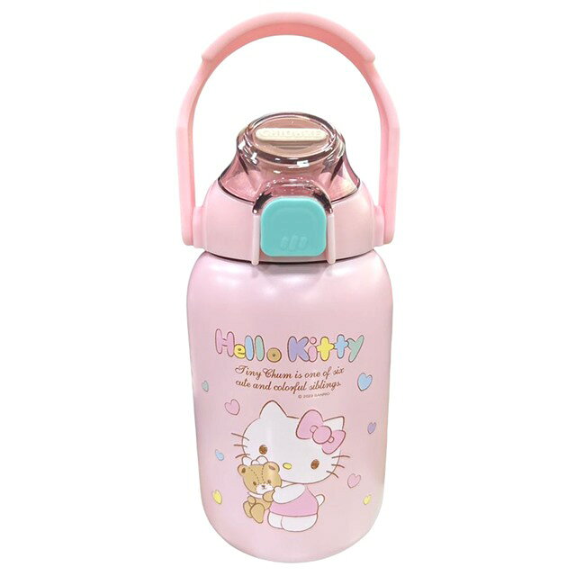 小禮堂 Hello Kitty 不鏽鋼手提胖胖吸管保溫瓶 850ml (粉抱熊款)