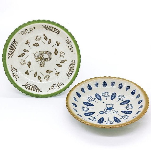 小禮堂 迪士尼 小熊維尼 陶瓷圓盤2入組 21cm (綠棕花草款)