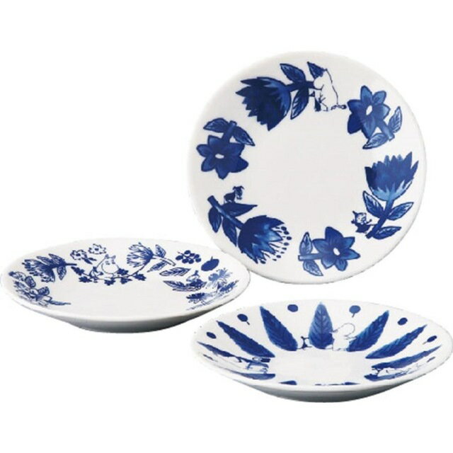 小禮堂 嚕嚕米 YAMAKA陶瓷點心盤3入組 13.5cm (白藍花草款)