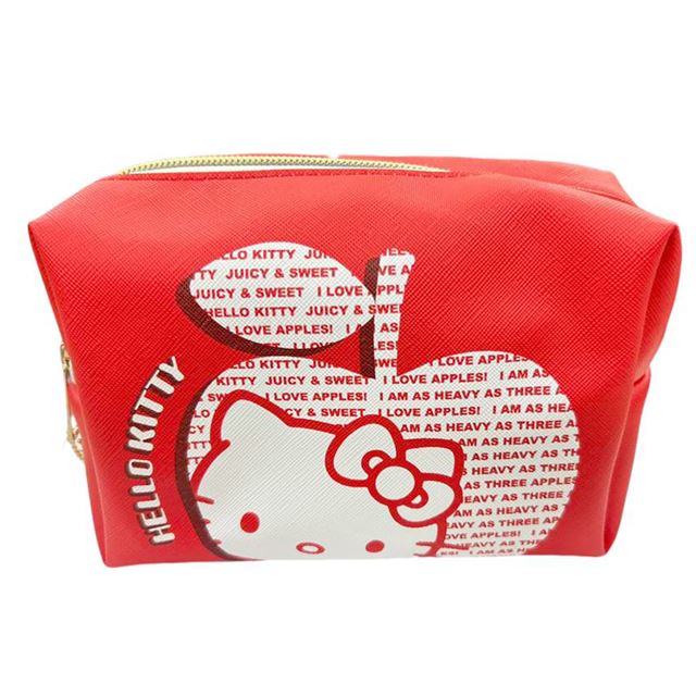小禮堂 Hello Kitty 皮質方形化妝包 (紅蘋果文字款)