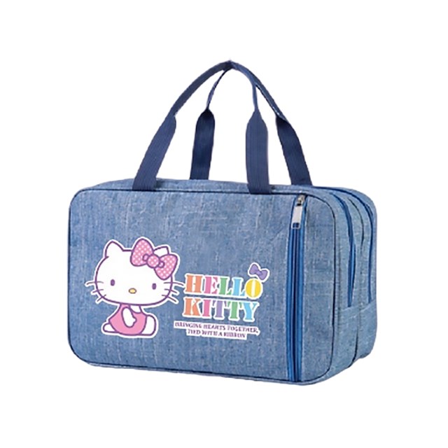 小禮堂 Hello Kitty 牛津布乾溼分離手提盥洗包 (藍坐姿款)