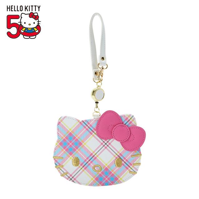 【新春推薦】小禮堂 Hello Kitty 皮質造型易拉扣伸縮票卡夾 (蘇格蘭少女 50週年系列)