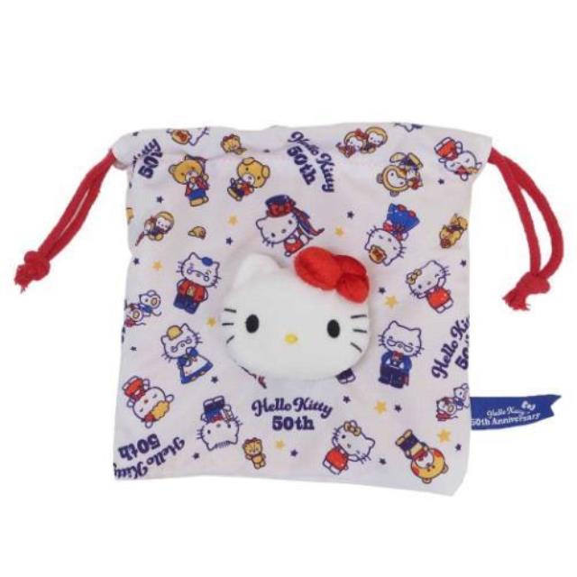 小禮堂 HelloKitty 50週年紀念 立體大臉束口收納包 (經典紅藍配色)