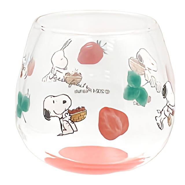 小禮堂 Snoopy 史努比 圓形透明玻璃水杯 290ml (草莓款)
