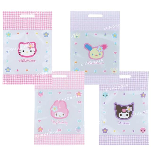 小禮堂 Sanrio 三麗鷗 塑膠夾鏈禮物提袋5入組 (復古千鳥格) Kitty 美樂蒂 酷洛米