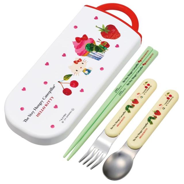 小禮堂 SKATER Hello Kitty 好餓的毛毛蟲 聯名 滑蓋三件式餐具組 TACC2AG