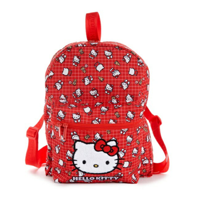小禮堂 Sanrio 三麗鷗 Hello Kitty 尼龍拉鍊後揹包 (50週年 紅格紋滿版款)
