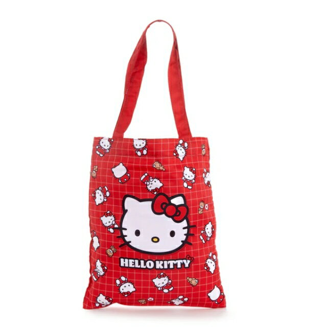小禮堂 Sanrio 三麗鷗 Hello Kitty 尼龍直式手提袋 (50週年 紅格紋滿版款)