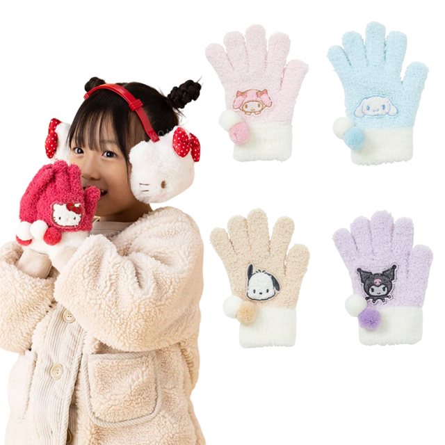 小禮堂 Sanrio 三麗鷗 兒童絨毛五指手套 (大臉 冬日特輯) Kitty 美樂蒂