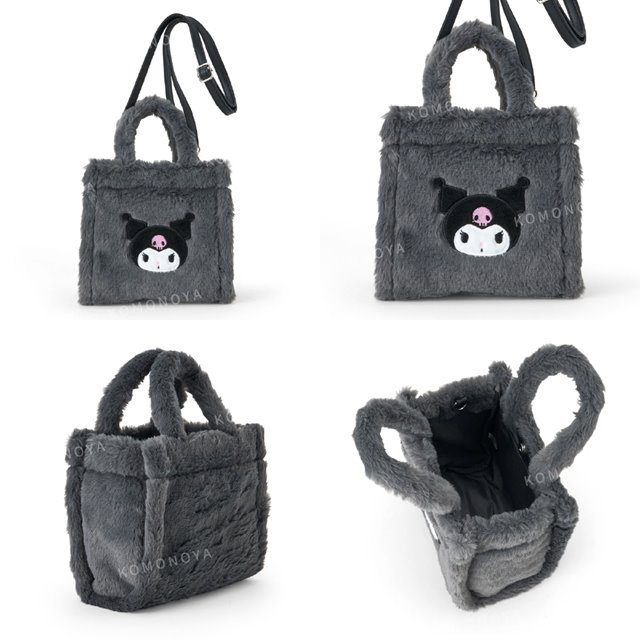 小禮堂 Sanrio 三麗鷗 菱格紋絨毛手提肩背兩用包  (大臉款) Kitty 美樂蒂 酷洛米 3