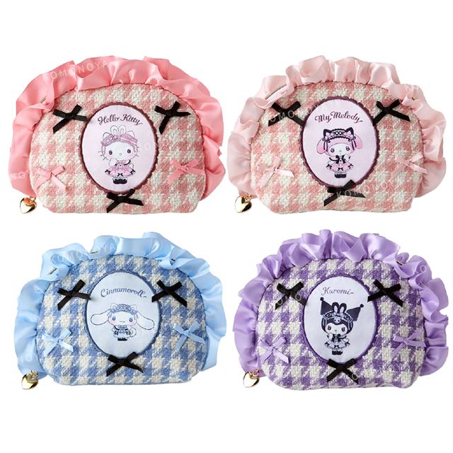 小禮堂 Sanrio 三麗鷗 荷葉毛呢化妝包 (緞帶風格) Kitty 美樂蒂 大耳狗 酷洛米