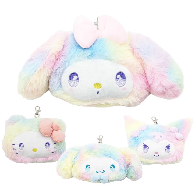 小禮堂 Sanrio 三麗鷗 伸縮絨毛造型票卡零錢包 (彩虹渲染款) Kitty 美樂蒂 酷洛米