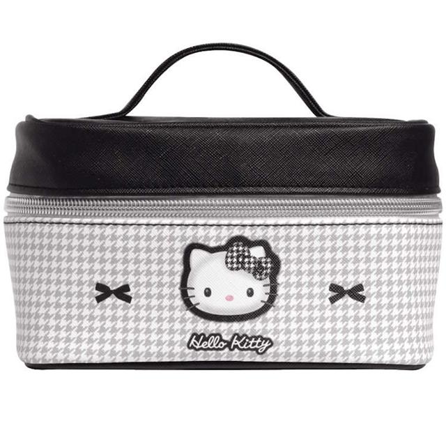 小禮堂 Sanrio 三麗鷗 Hello Kitty 皮質手提化妝包 (黑白千鳥格)