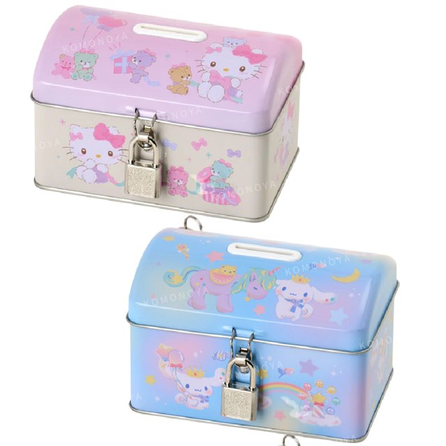 小禮堂 Sanrio 三麗鷗 鐵盒存錢筒附鎖 (粉/藍) Kitty 大耳狗
