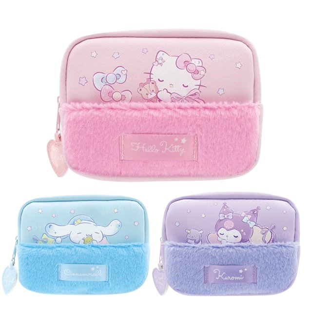 小禮堂 Sanrio 三麗鷗 絨毛拼接化妝包 (睡衣款) Kitty 大耳狗 酷洛米