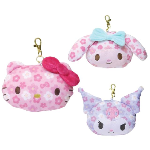 小禮堂 Sanrio 三麗鷗 絨毛大臉伸縮票卡零錢包吊飾 (櫻花款) Kitty 美樂蒂 酷洛米