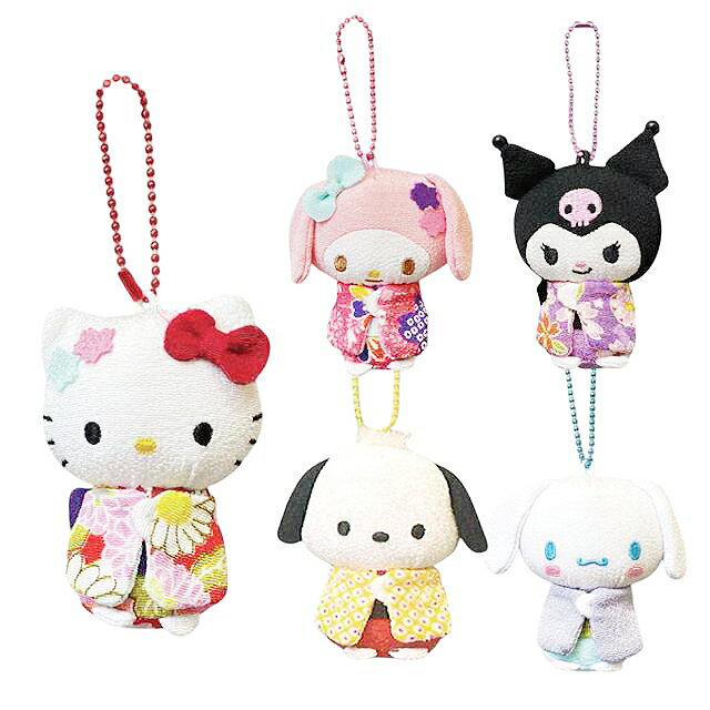 小禮堂 Sanrio 三麗鷗 絨毛造型吊飾 M 8cm (和風緞布款) Kitty 美樂蒂 酷洛米 大耳狗 帕恰狗