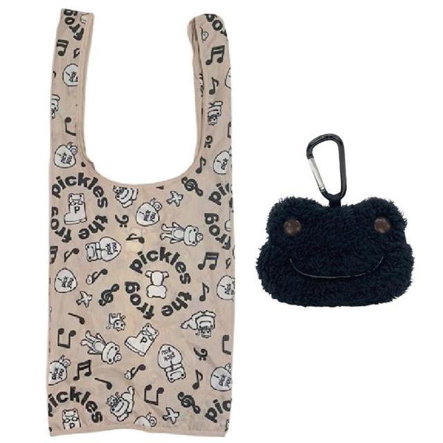 小禮堂 Pickles the Frog 泡菜蛙 絨毛玩偶造型環保購物袋 (黑色款)