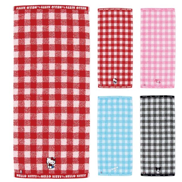 小禮堂 Sanrio 三麗鷗 x 今治毛巾 棉質長毛巾 34x76cm (格紋款) Kitty 美樂蒂 大耳狗