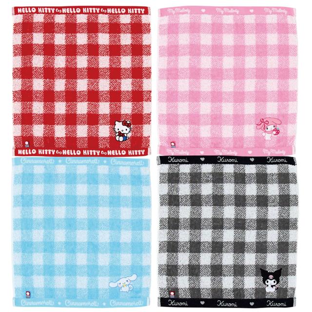 小禮堂 Sanrio 三麗鷗 x 今治毛巾 棉質短毛巾 34x36cm (格紋款) Kitty 美樂蒂 大耳狗