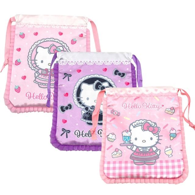 小禮堂 Sanrio 三麗鷗 Hello Kitty 緞面束口袋 (Lovely Frill系列 蘿莉塔)