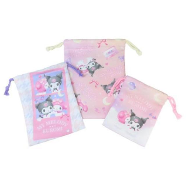 小禮堂 Sanrio 三麗鷗 美樂蒂 酷洛米 尼龍束口袋3入組 (粉彩樂園)