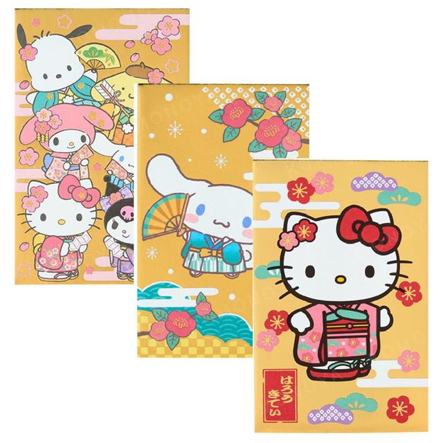 小禮堂 Sanrio 三麗鷗 迷你直式紅包袋3入組 (金和服款) Kitty 大耳狗