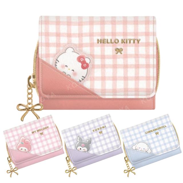 小禮堂 Sanrio 三麗鷗 皮質三折短夾 (格紋款) 大耳狗 酷洛米 美樂蒂 Kitty