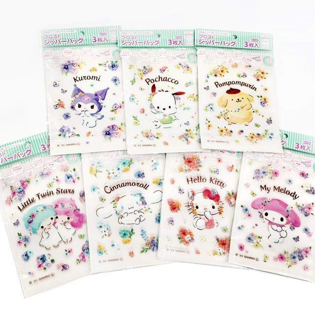 小禮堂 Sanrio 三麗鷗 長方形磨砂夾鏈袋3入組 (花卉 銅板小物)