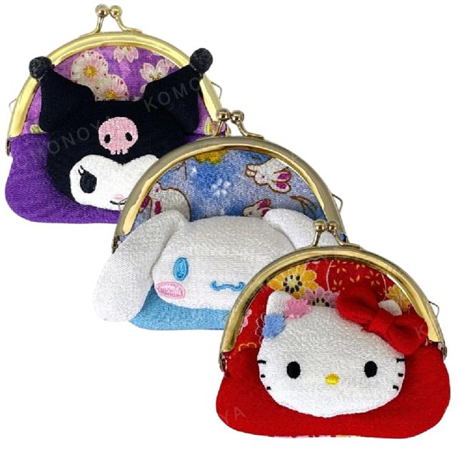小禮堂 Sanrio 三麗鷗 絨毛大臉口金零錢包 (和風款) Kitty 酷洛米 大耳狗
