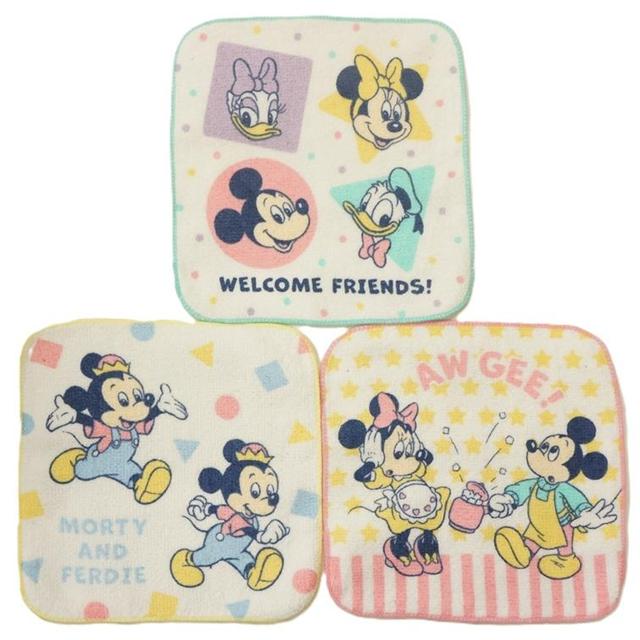 小禮堂 迪士尼 米奇 米妮 純棉方巾3入組 16x16cm (米家庭款)