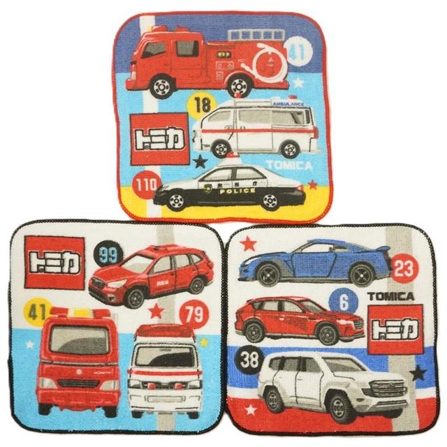 小禮堂 TOMICA 多美小汽車 純棉方巾3入組 16x16cm (集合款)