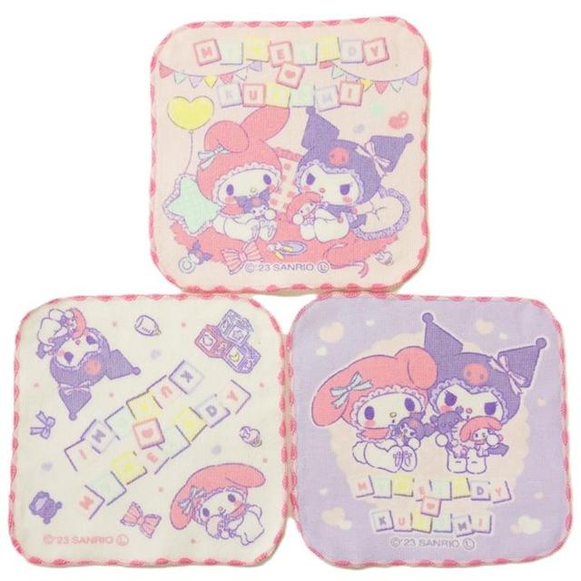 小禮堂 Sanrio 三麗鷗 美樂蒂 酷洛米 純棉方巾3入組 16x16cm (睡衣派對)
