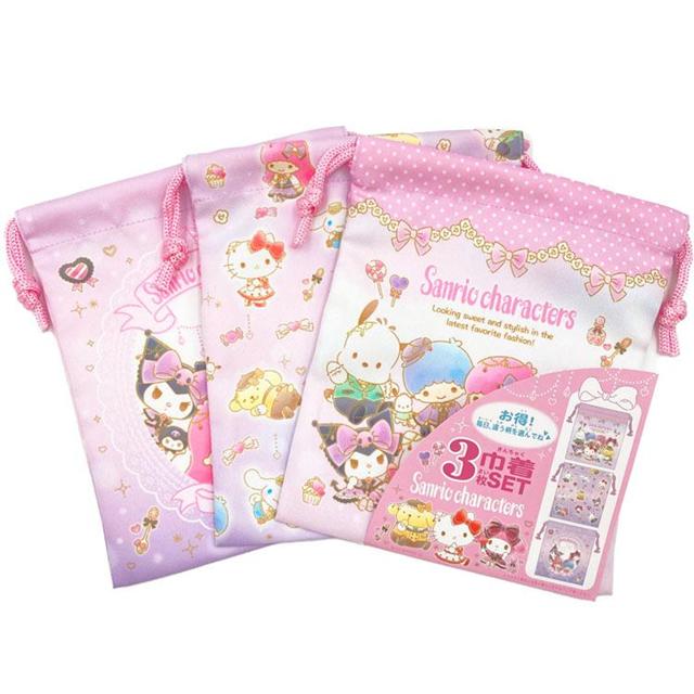 小禮堂 Sanrio 三麗鷗大集合 尼龍束口袋3入組 (粉紫蝴蝶結款)