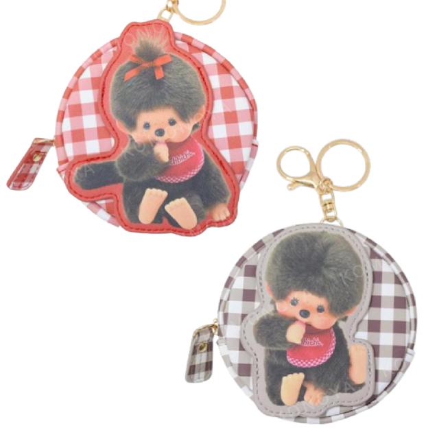 小禮堂 Monchhichi 蒙奇奇 皮質圓形零錢包吊飾 (格紋款)